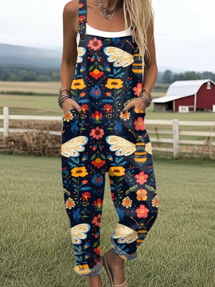 Edris - Jumpsuit with Embroidered Flying Bees Print