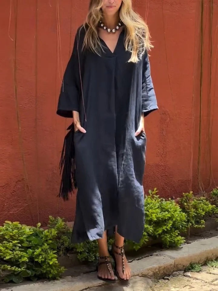 Ishael - Linen dress with V-neck, loose and long