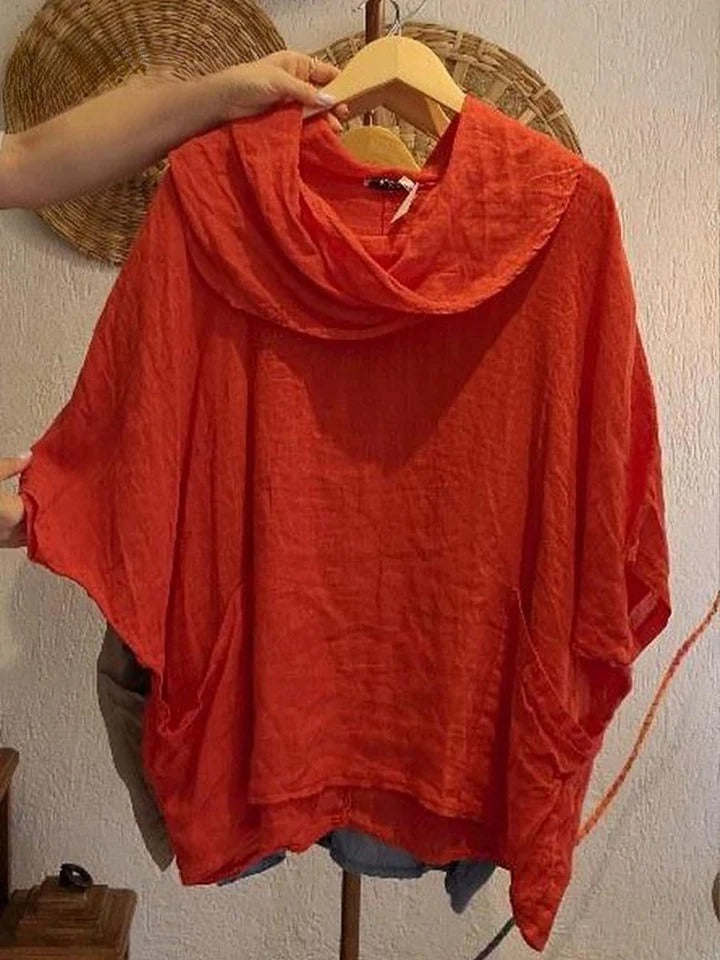Tanith Blouse — Relaxed model with 3/4 sleeves and draped collar