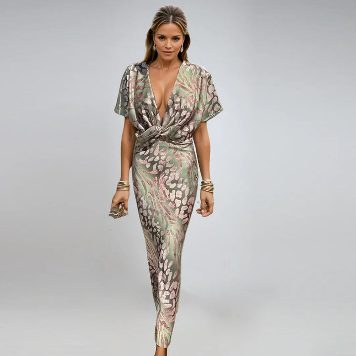 Kelsey - Long robe with V-neck and twisted trim