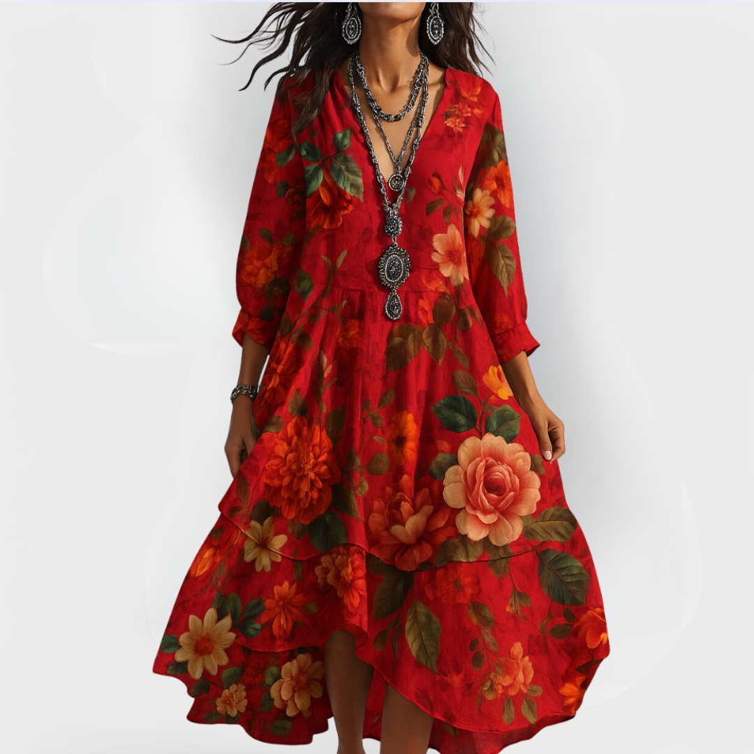 Pia - Vintage Boho Dress with V-neck