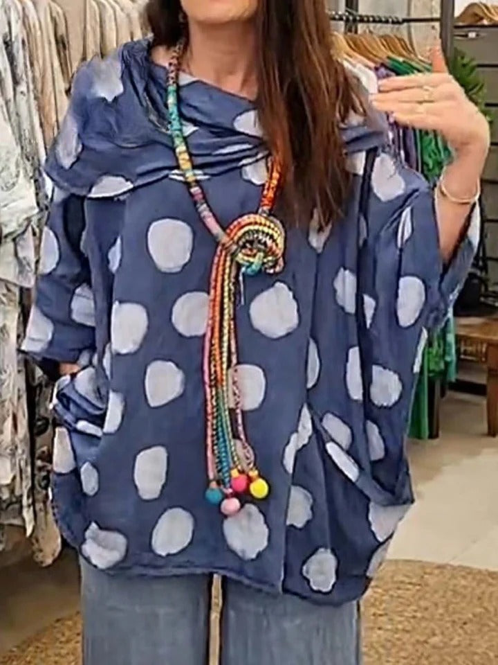 Tanith Blouse — Relaxed model with 3/4 sleeves and draped collar