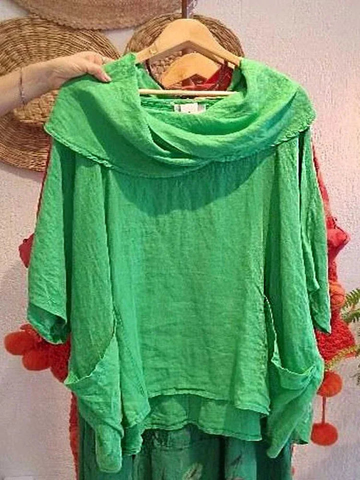Tanith Blouse — Relaxed model with 3/4 sleeves and draped collar