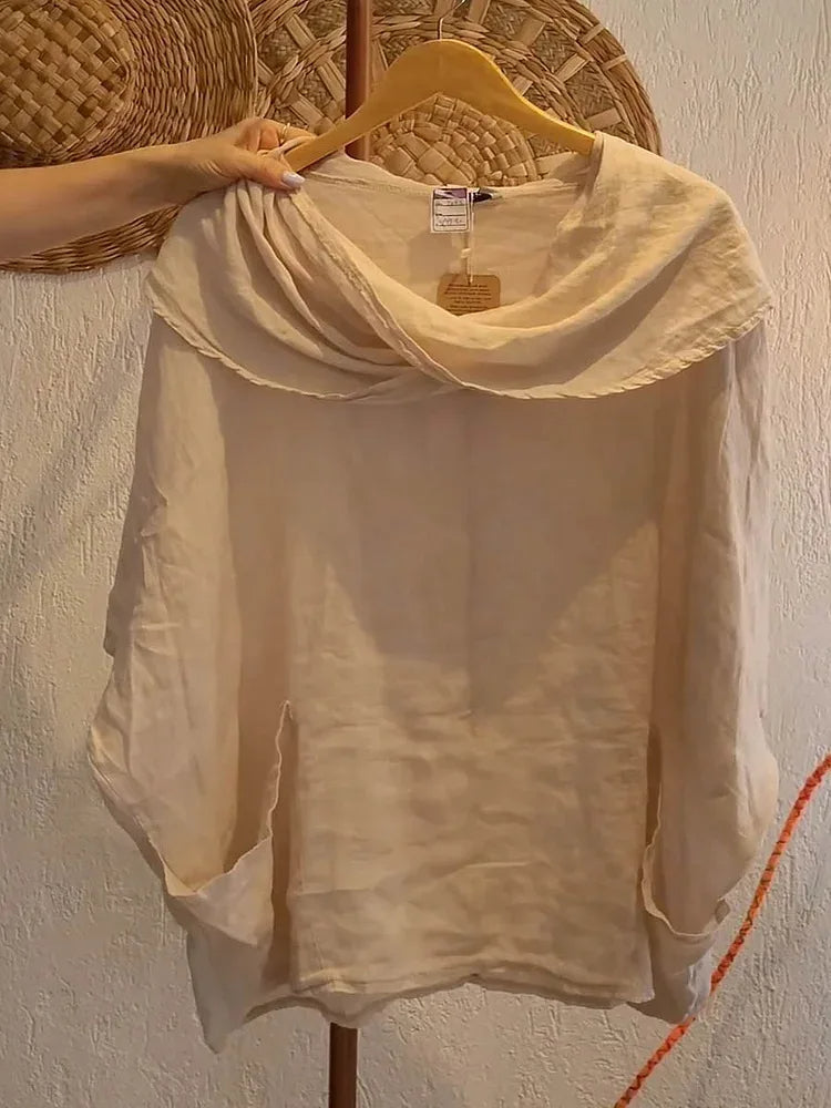 Tanith Blouse — Relaxed model with 3/4 sleeves and draped collar