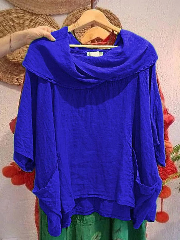 Tanith Blouse — Relaxed model with 3/4 sleeves and draped collar