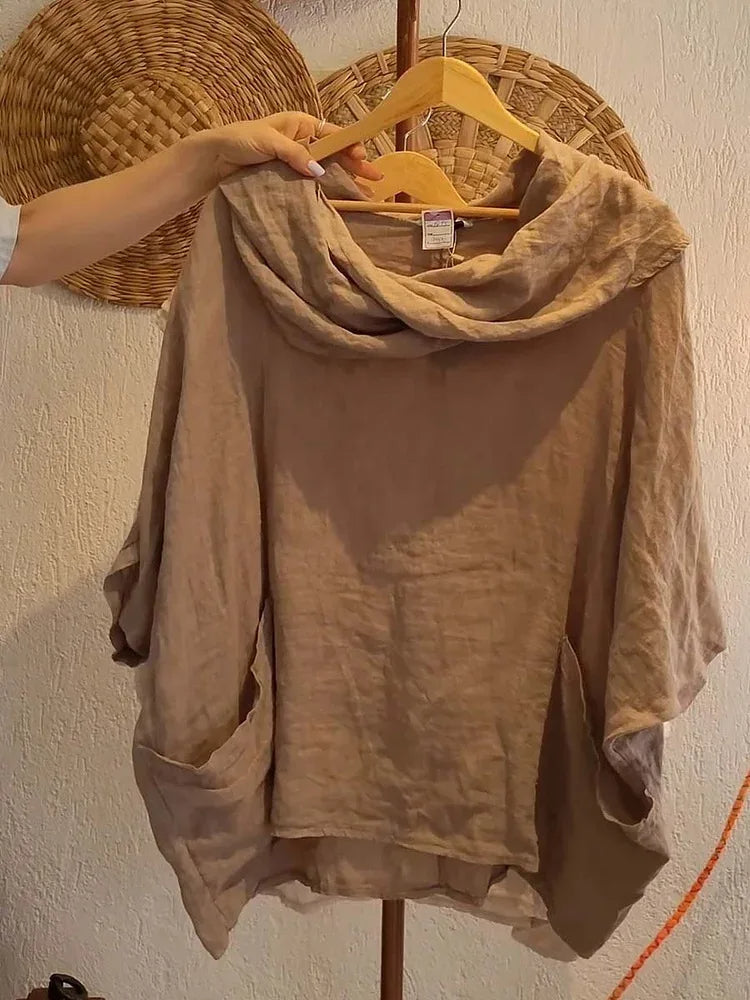 Tanith Blouse — Relaxed model with 3/4 sleeves and draped collar
