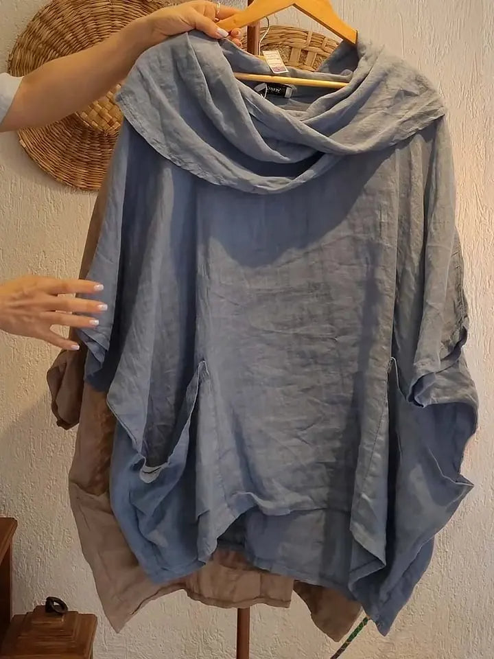Tanith Blouse — Relaxed model with 3/4 sleeves and draped collar