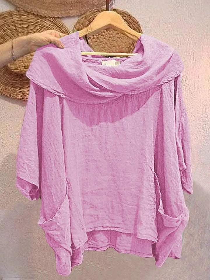 Tanith Blouse — Relaxed model with 3/4 sleeves and draped collar
