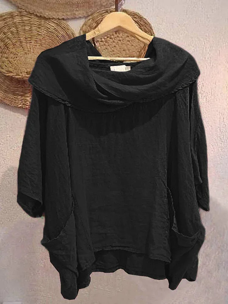 Tanith Blouse — Relaxed model with 3/4 sleeves and draped collar