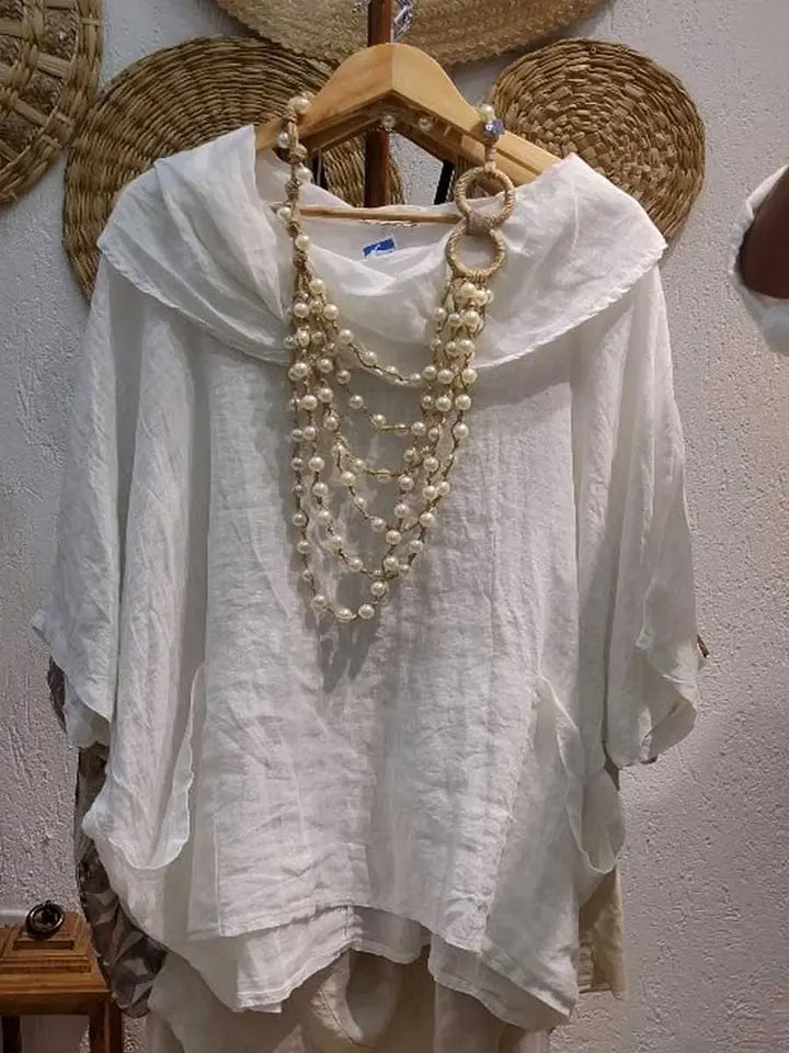 Tanith Blouse — Relaxed model with 3/4 sleeves and draped collar