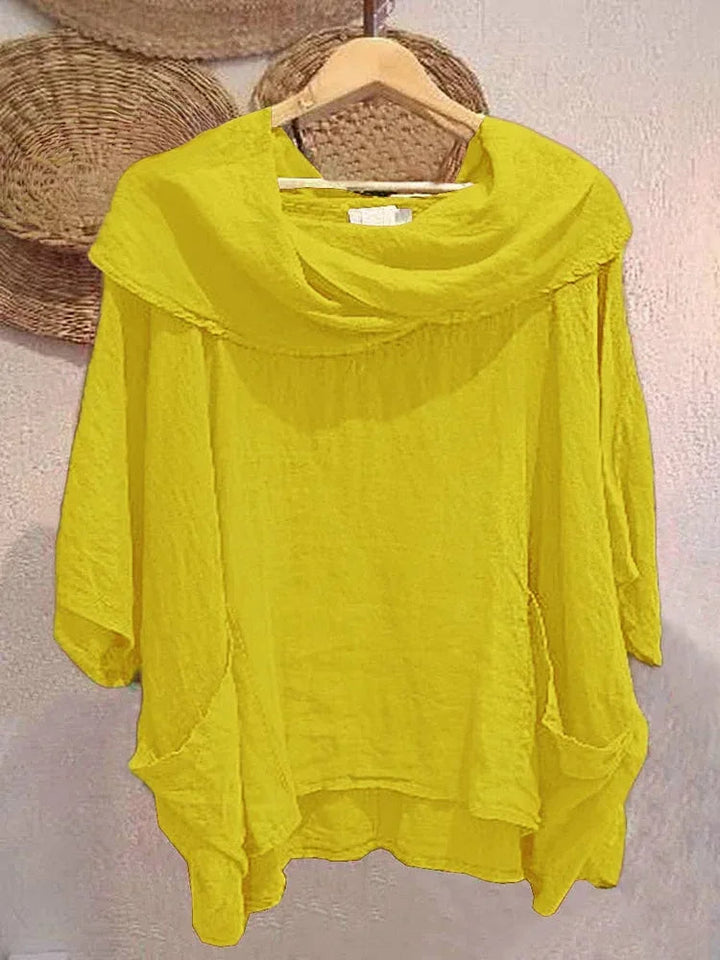 Tanith Blouse — Relaxed model with 3/4 sleeves and draped collar