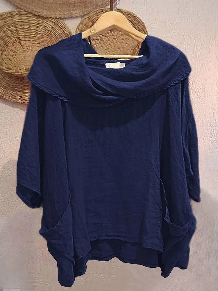 Tanith Blouse — Relaxed model with 3/4 sleeves and draped collar
