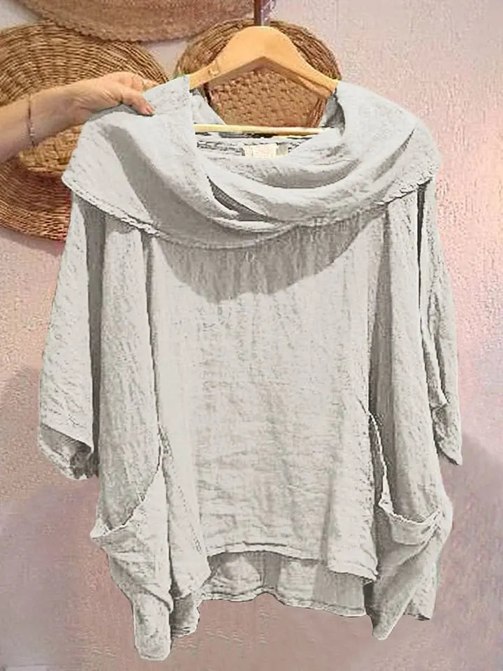Tanith Blouse — Relaxed model with 3/4 sleeves and draped collar