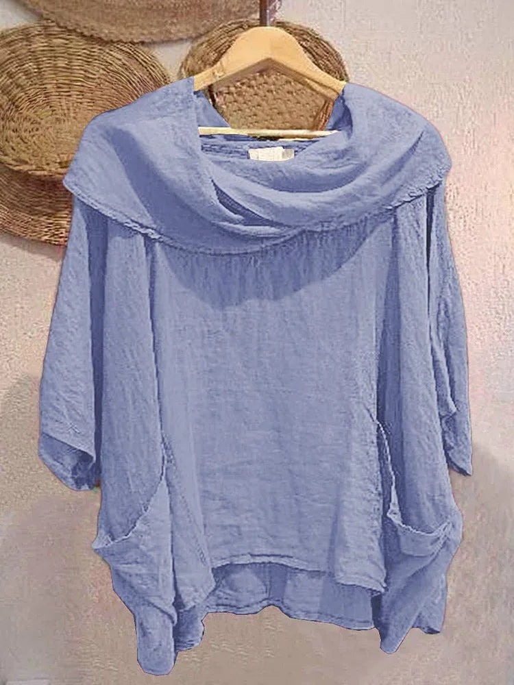 Tanith Blouse — Relaxed model with 3/4 sleeves and draped collar