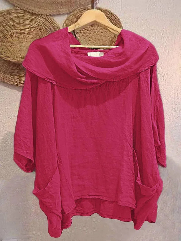Tanith Blouse — Relaxed model with 3/4 sleeves and draped collar