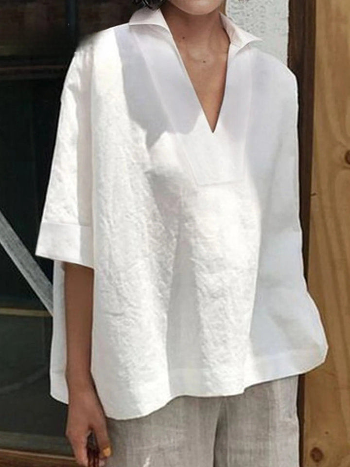 Verena - Solid Shirt with V-Neck and Medium-Length Sleeves