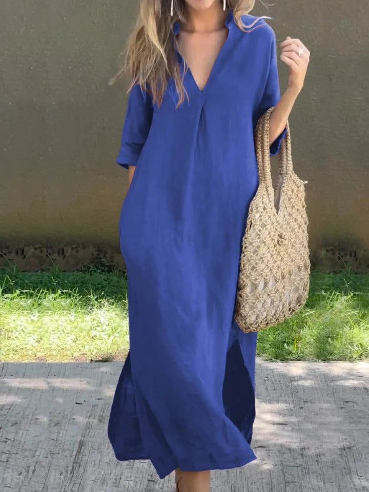 Ishael - Linen dress with V-neck, loose and long