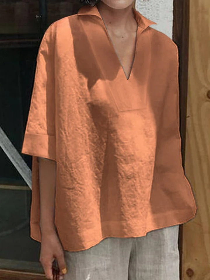 Verena - Solid Shirt with V-Neck and Medium-Length Sleeves