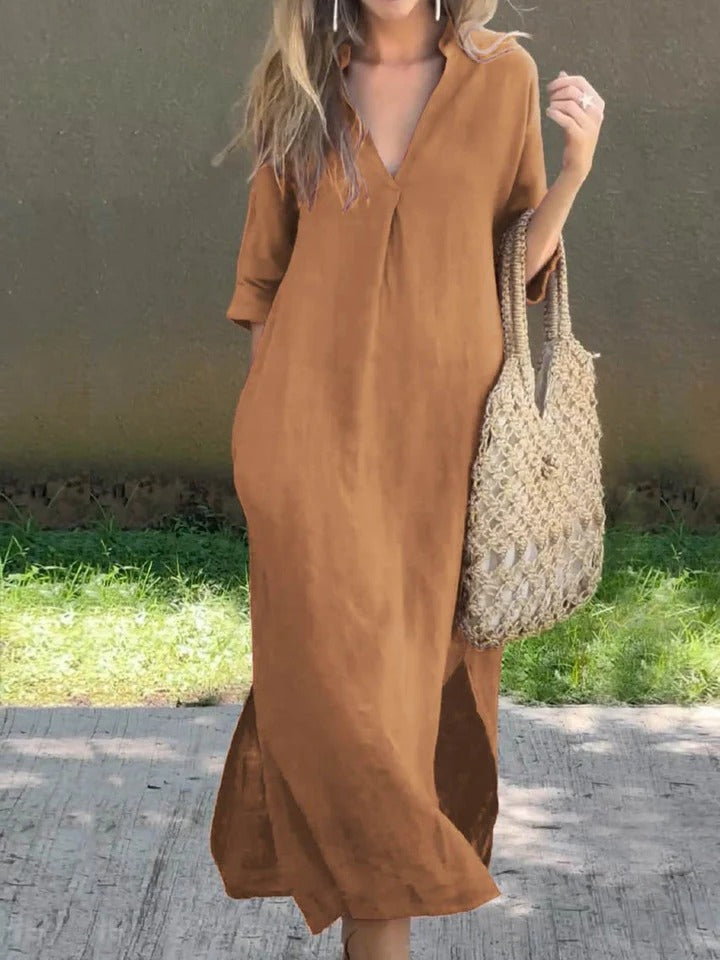 Ishael - Linen dress with V-neck, loose and long