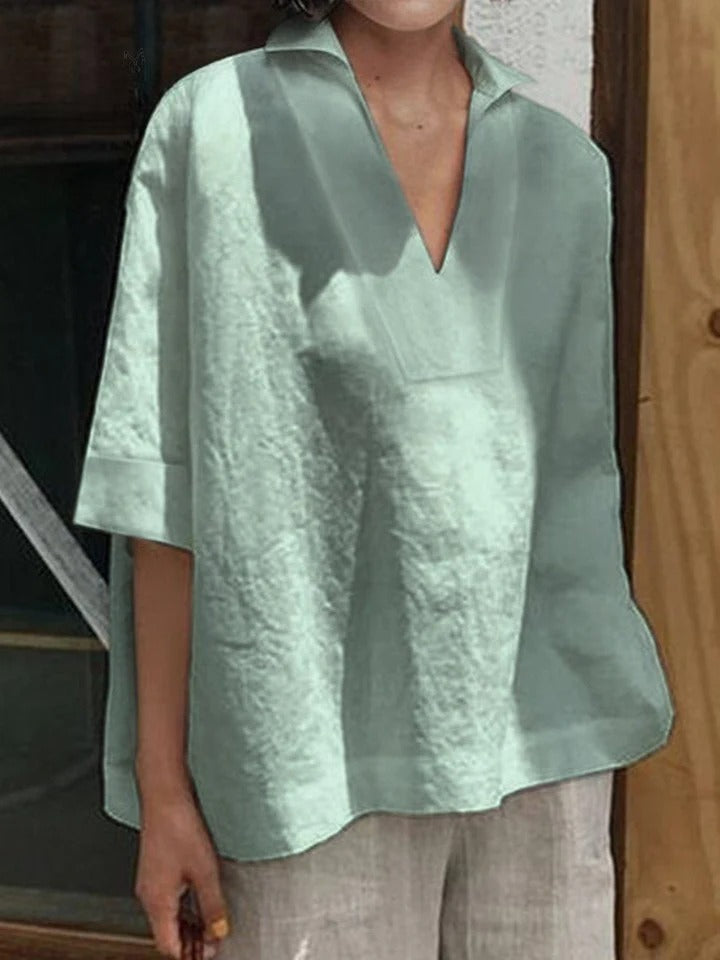 Verena - Solid Shirt with V-Neck and Medium-Length Sleeves
