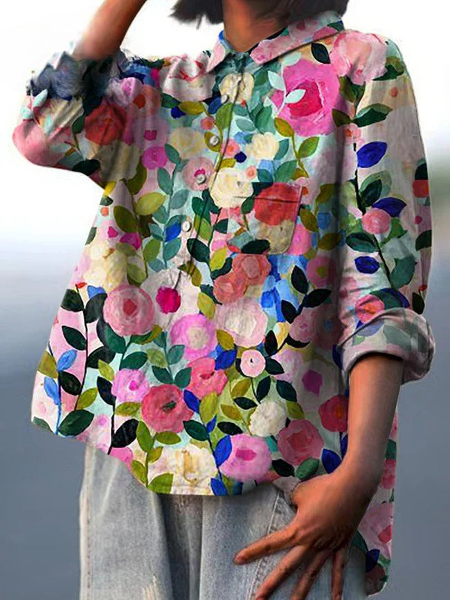 Odelia - Cotton Linen Shirt with Colorful Floral Print