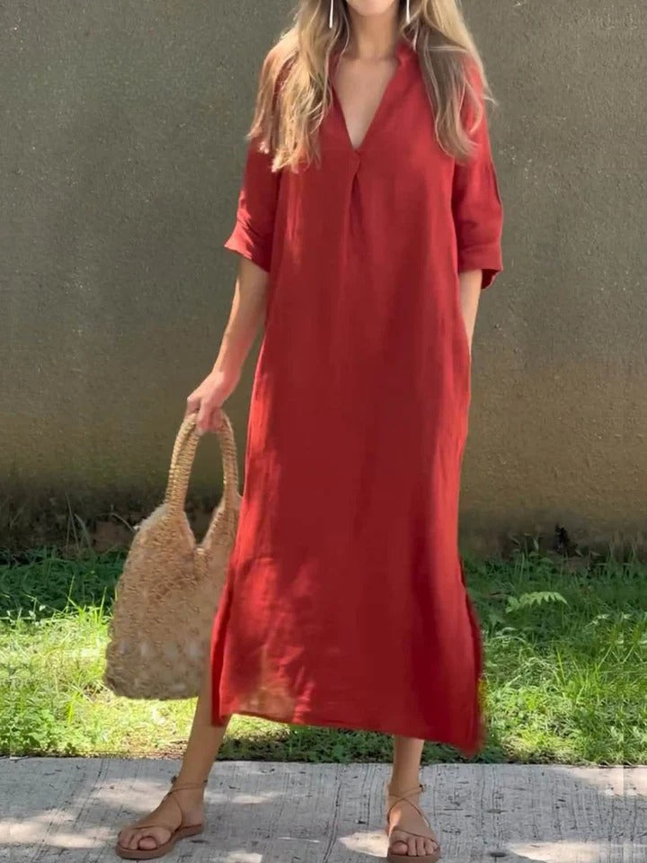 Ishael - Linen dress with V-neck, loose and long