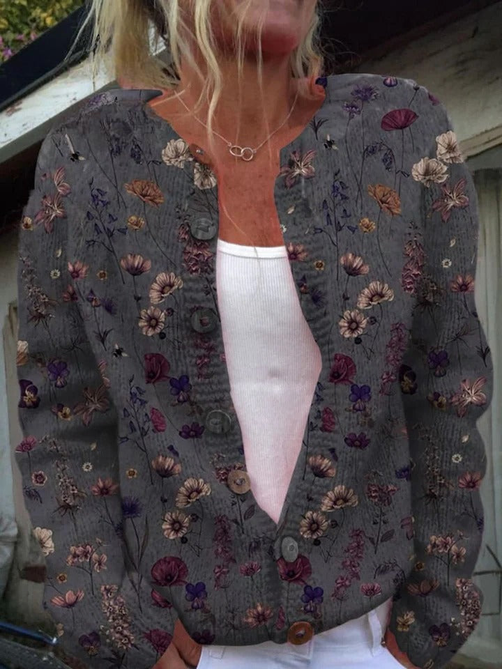 Nerys - Linen Skirt with Pocket and Elegant Flower Print