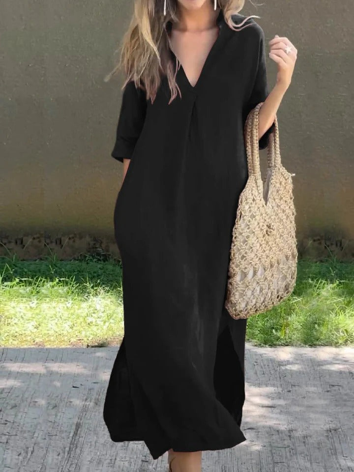 Ishael - Linen dress with V-neck, loose and long