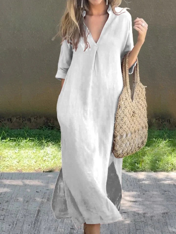 Ishael - Linen dress with V-neck, loose and long