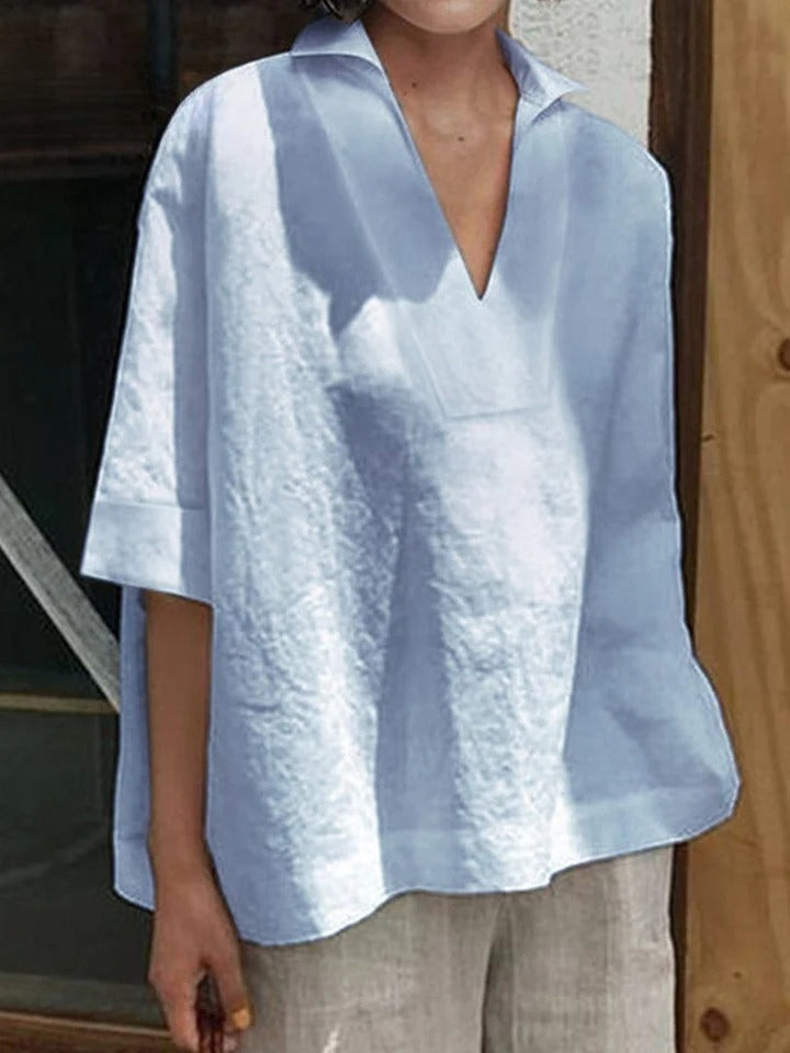 Verena - Solid Shirt with V-Neck and Medium-Length Sleeves