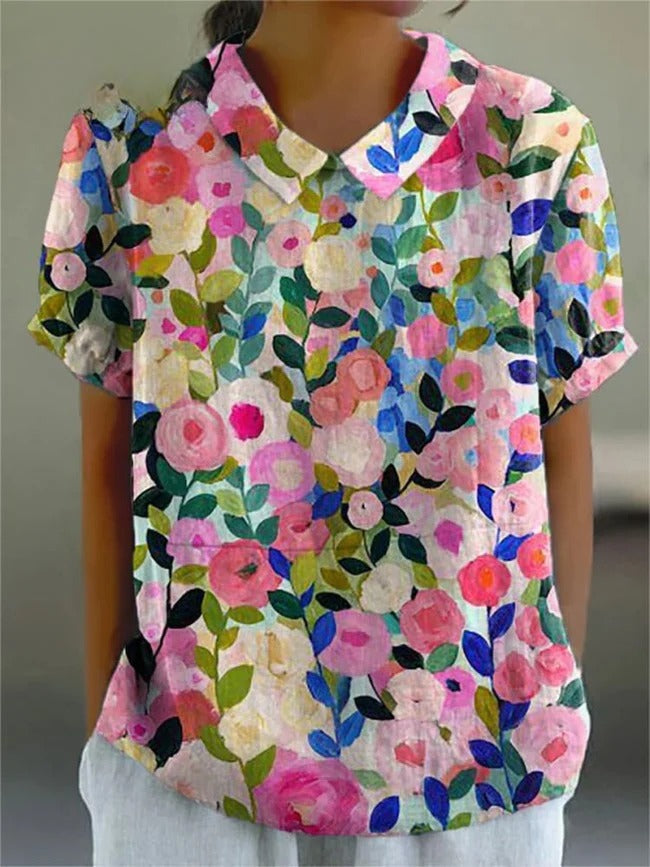 Odelia - Cotton Linen Shirt with Colorful Floral Print