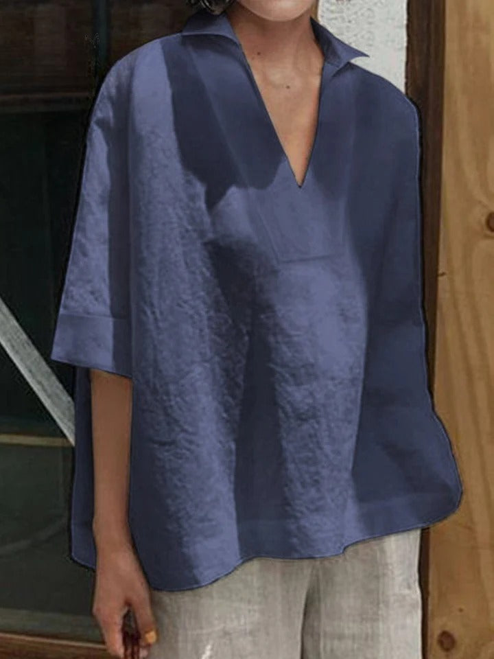 Verena - Solid Shirt with V-Neck and Medium-Length Sleeves