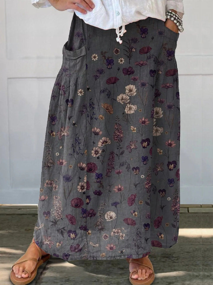 Nerys - Linen Skirt with Pocket and Elegant Flower Print
