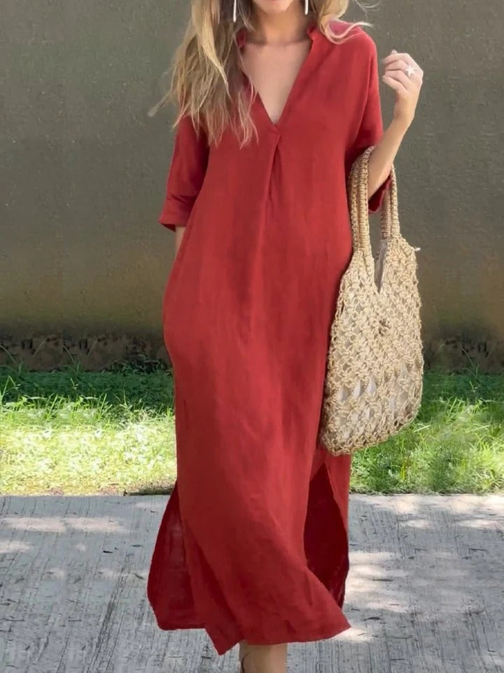 Ishael - Linen dress with V-neck, loose and long