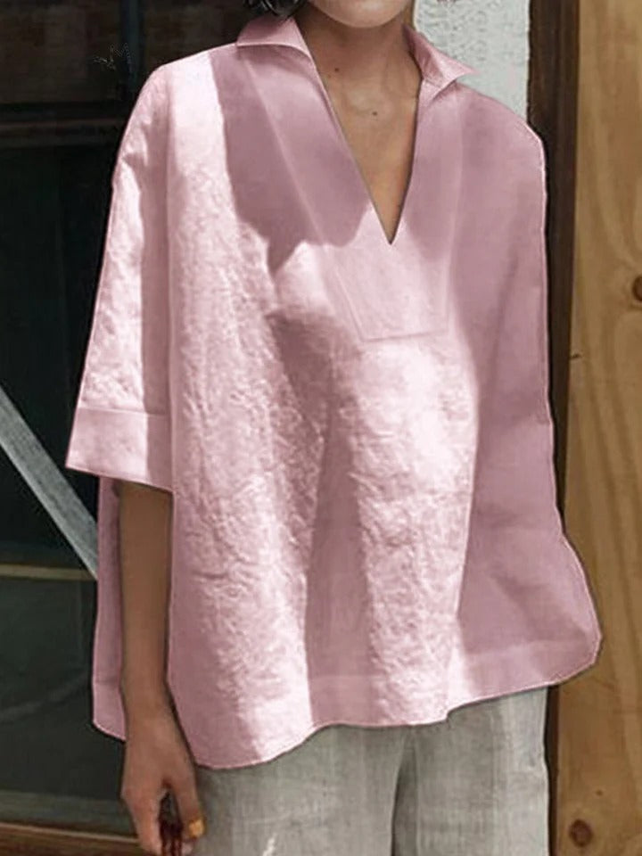 Verena - Solid Shirt with V-Neck and Medium-Length Sleeves