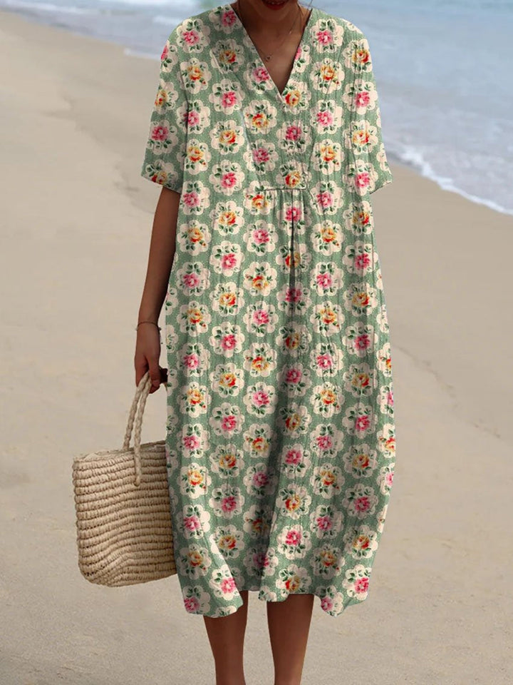 Hazel - Vintage V-Neck Floral Print Dress