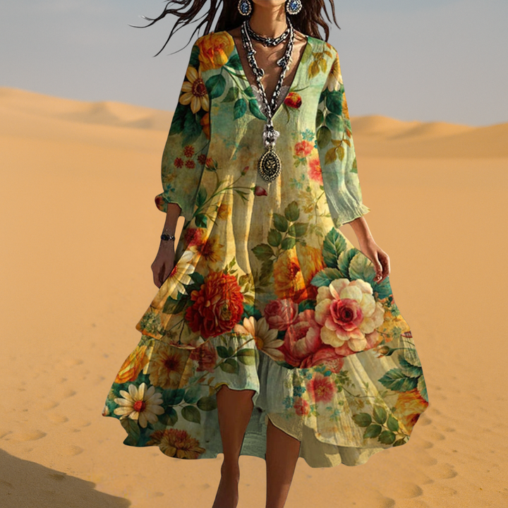 Pia - Vintage Boho Dress with V-neck