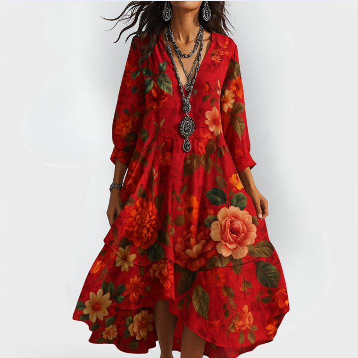 Pia - Vintage Boho Dress with V-neck