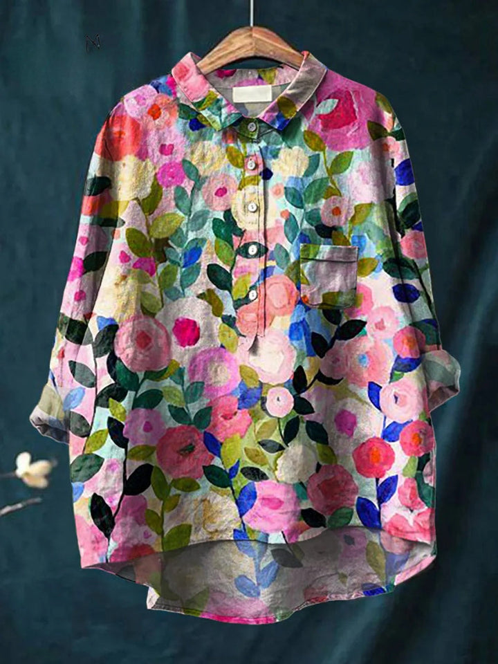 Odelia - Cotton Linen Shirt with Colorful Floral Print